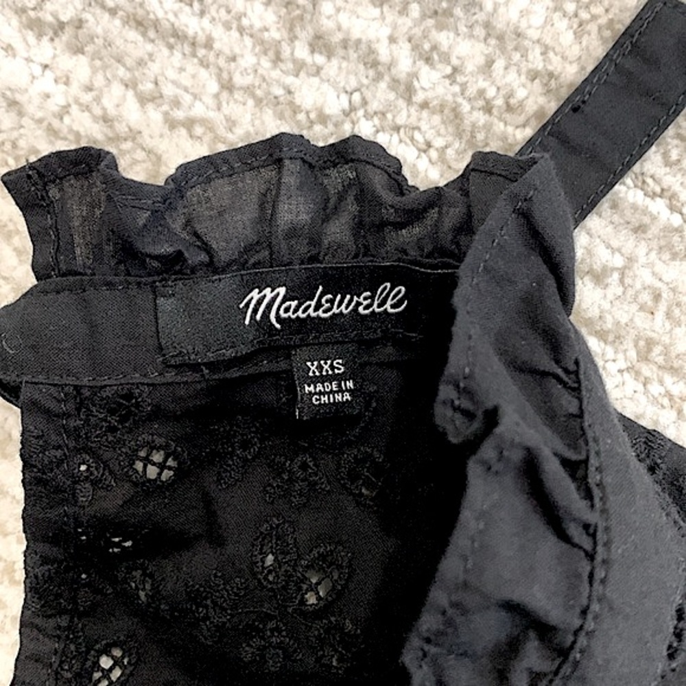 Madewell Black Eyelet Peasant Blouse Sz XXS Ruffle Tie Neck Balloon Long Sleeve - Picture 3 of 12